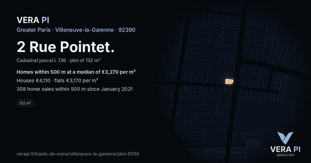 2 Rue Pointet, Villeneuve-la-Garenne at night – the plot lit, the parcels around coloured by the prices near them