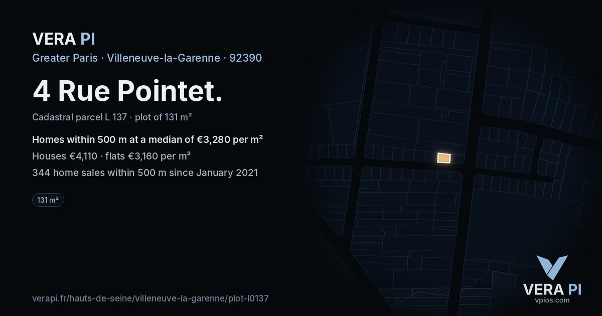 4 Rue Pointet, Villeneuve-la-Garenne at night – the plot lit, the parcels around coloured by the prices near them