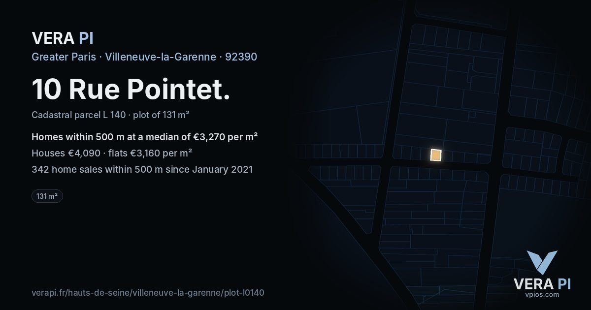 10 Rue Pointet, Villeneuve-la-Garenne at night – the plot lit, the parcels around coloured by the prices near them