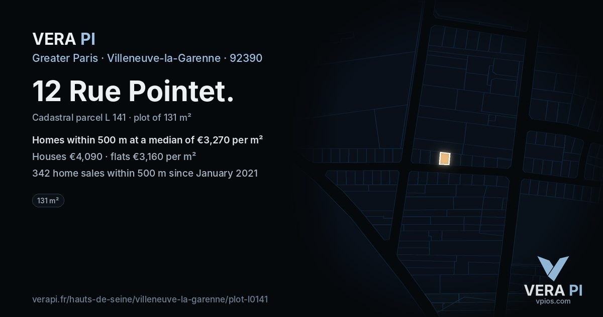 12 Rue Pointet, Villeneuve-la-Garenne at night – the plot lit, the parcels around coloured by the prices near them