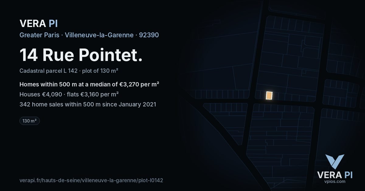 14 Rue Pointet, Villeneuve-la-Garenne at night – the plot lit, the parcels around coloured by the prices near them