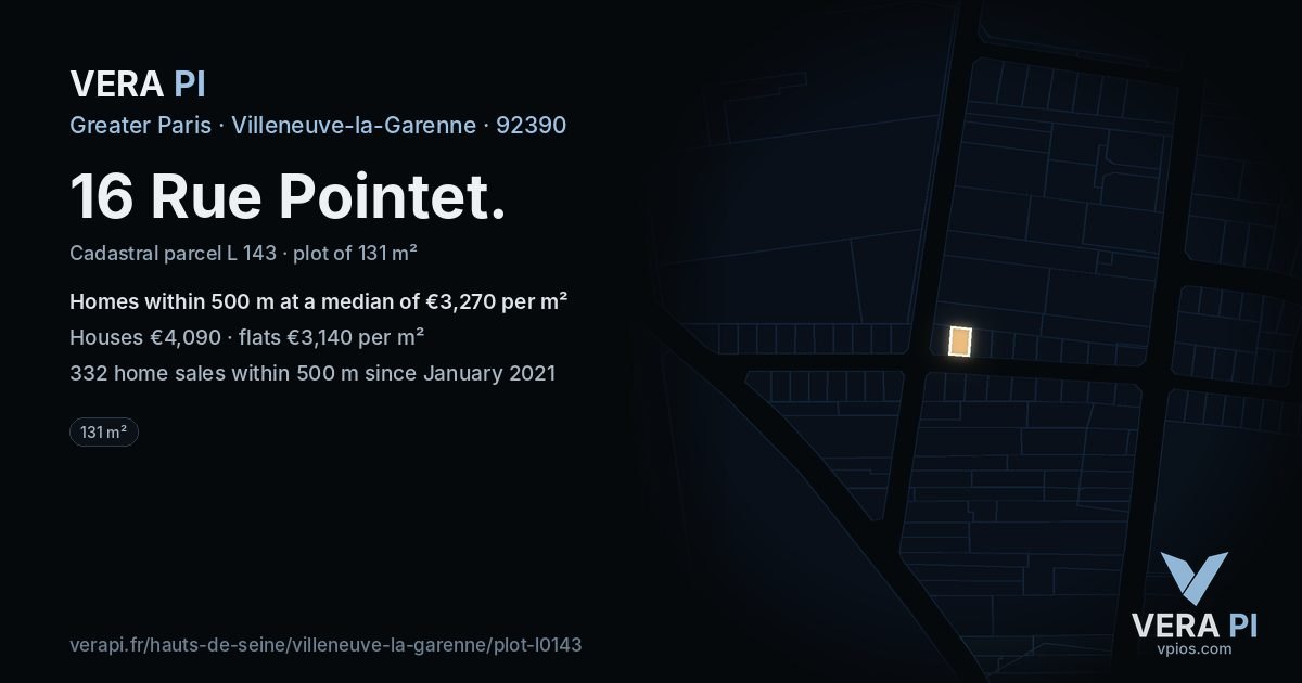 16 Rue Pointet, Villeneuve-la-Garenne at night – the plot lit, the parcels around coloured by the prices near them