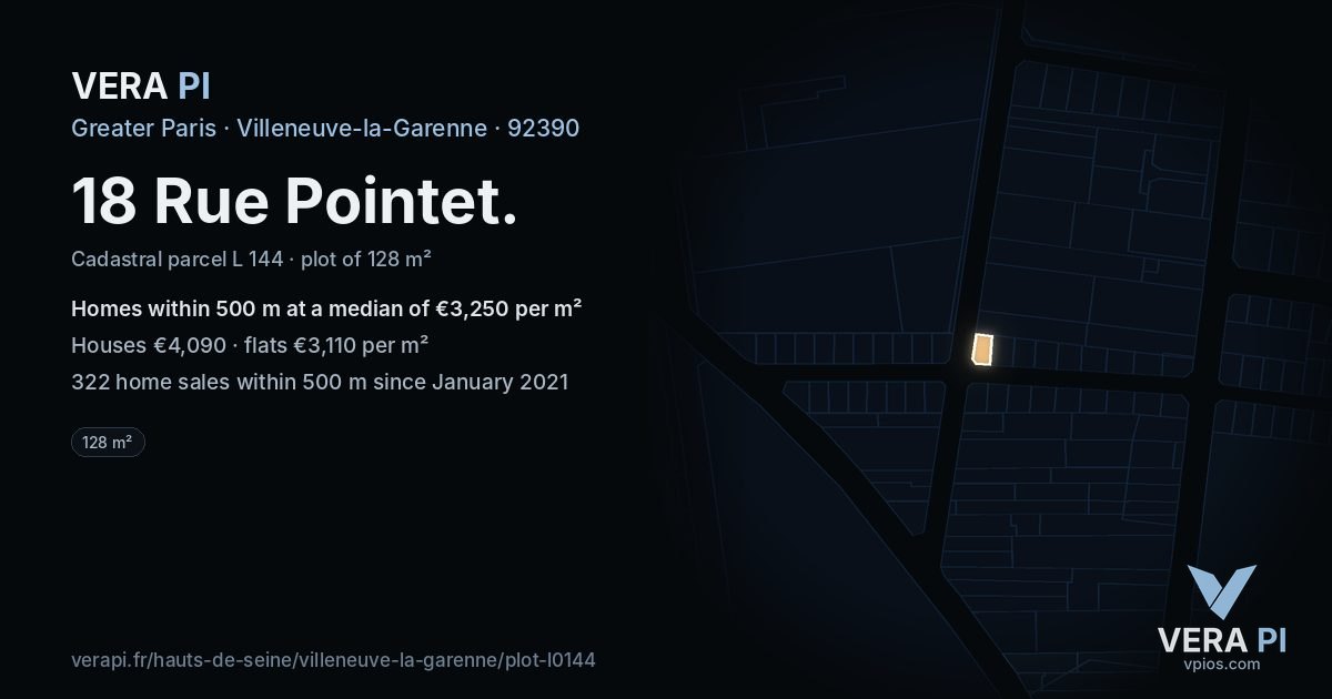 18 Rue Pointet, Villeneuve-la-Garenne at night – the plot lit, the parcels around coloured by the prices near them