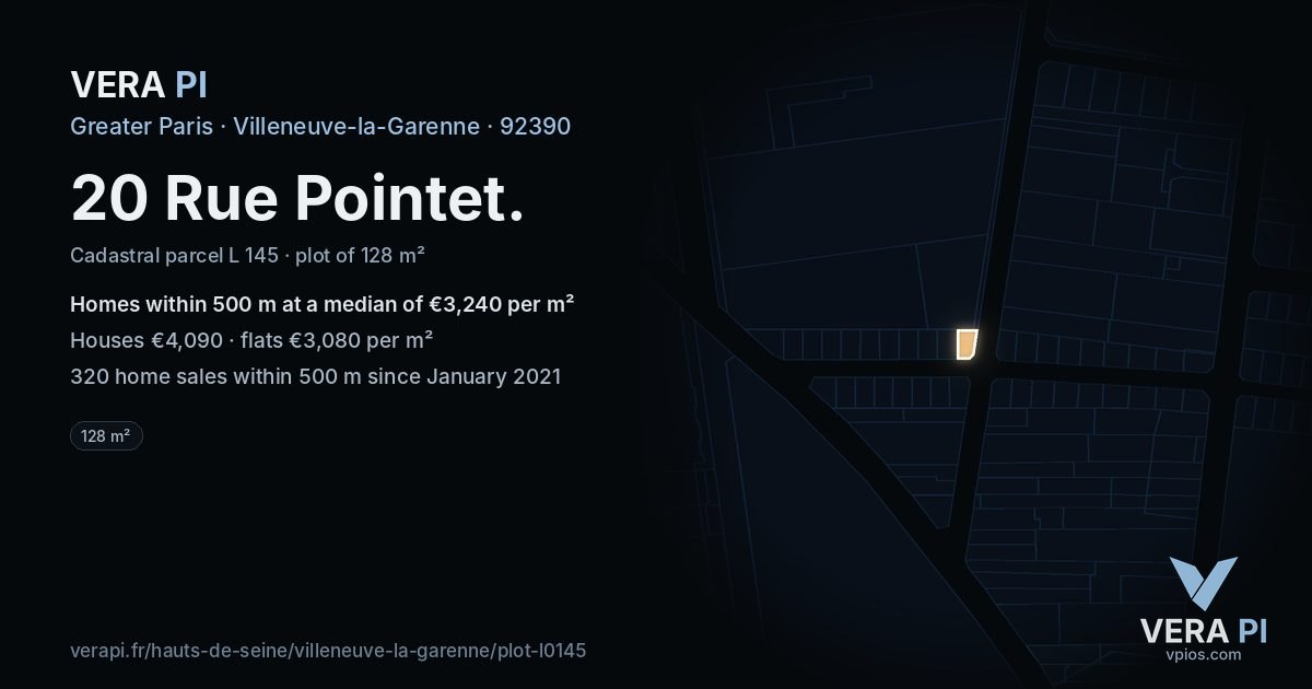 20 Rue Pointet, Villeneuve-la-Garenne at night – the plot lit, the parcels around coloured by the prices near them