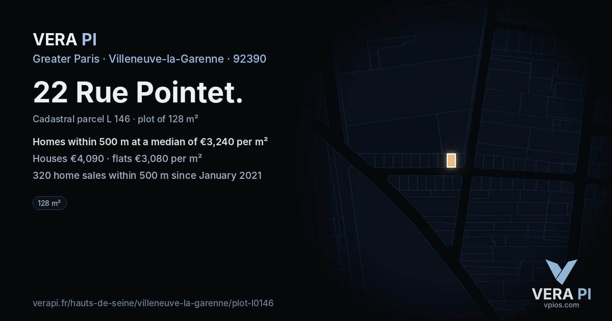 22 Rue Pointet, Villeneuve-la-Garenne at night – the plot lit, the parcels around coloured by the prices near them
