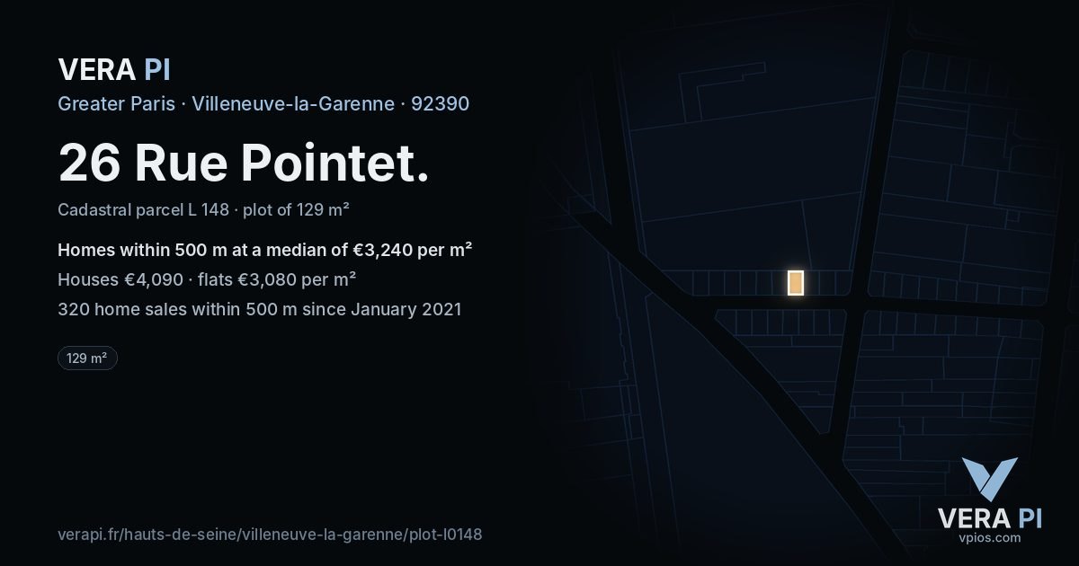 26 Rue Pointet, Villeneuve-la-Garenne at night – the plot lit, the parcels around coloured by the prices near them
