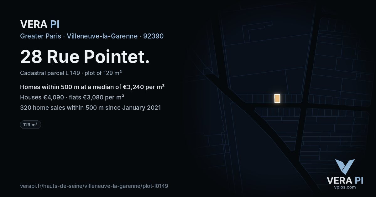 28 Rue Pointet, Villeneuve-la-Garenne at night – the plot lit, the parcels around coloured by the prices near them