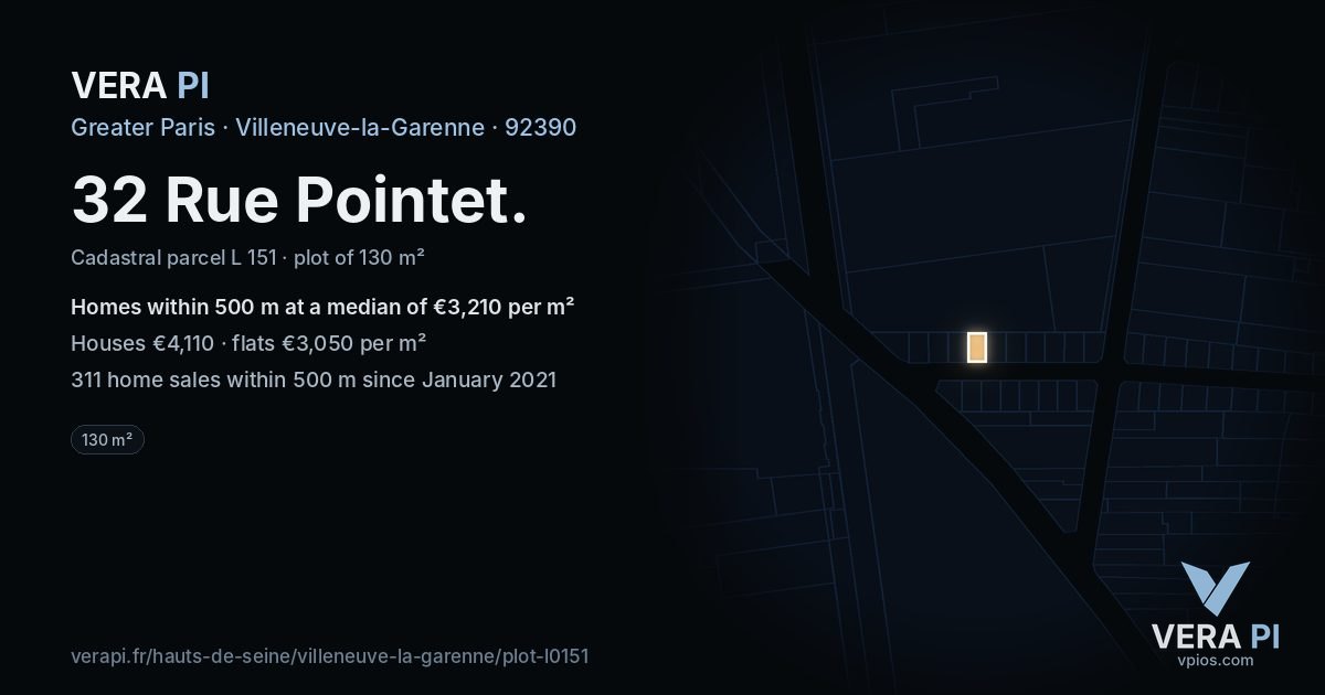 32 Rue Pointet, Villeneuve-la-Garenne at night – the plot lit, the parcels around coloured by the prices near them