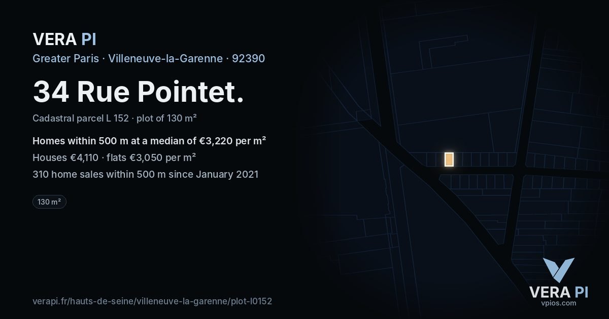 34 Rue Pointet, Villeneuve-la-Garenne at night – the plot lit, the parcels around coloured by the prices near them