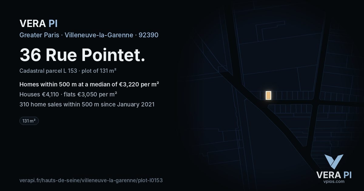 36 Rue Pointet, Villeneuve-la-Garenne at night – the plot lit, the parcels around coloured by the prices near them