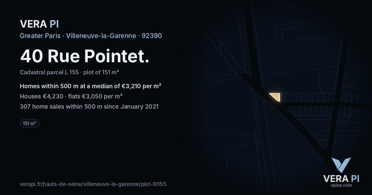 40 Rue Pointet, Villeneuve-la-Garenne at night – the plot lit, the parcels around coloured by the prices near them