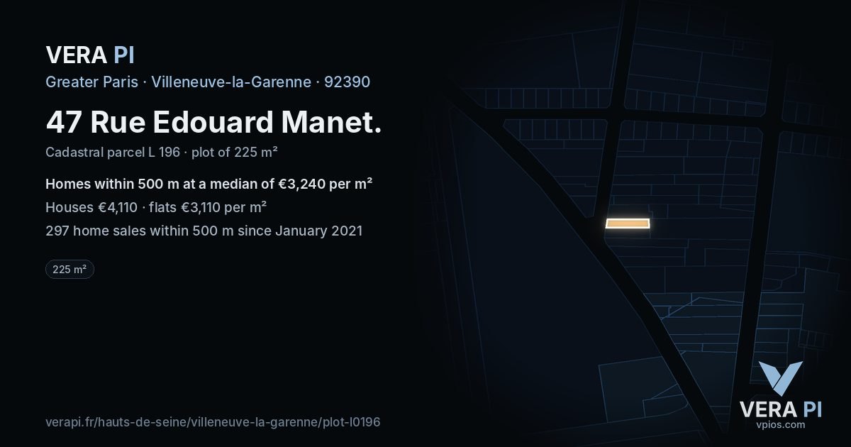 47 Rue Edouard Manet, Villeneuve-la-Garenne at night – the plot lit, the parcels around coloured by the prices near them