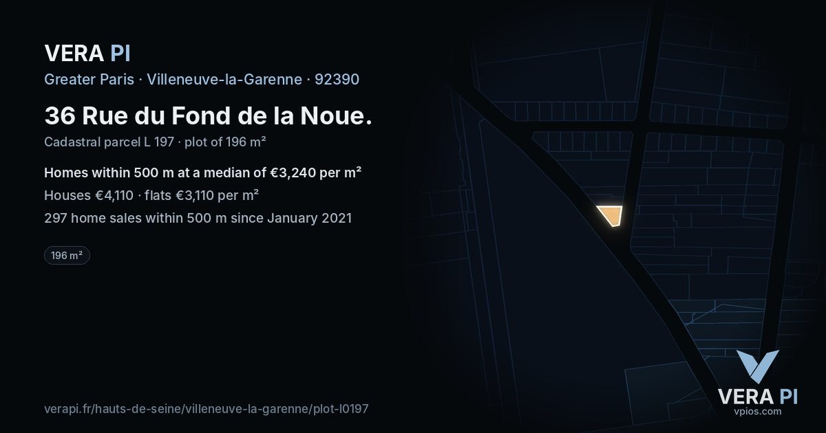 36 Rue du Fond de la Noue, Villeneuve-la-Garenne at night – the plot lit, the parcels around coloured by the prices near them