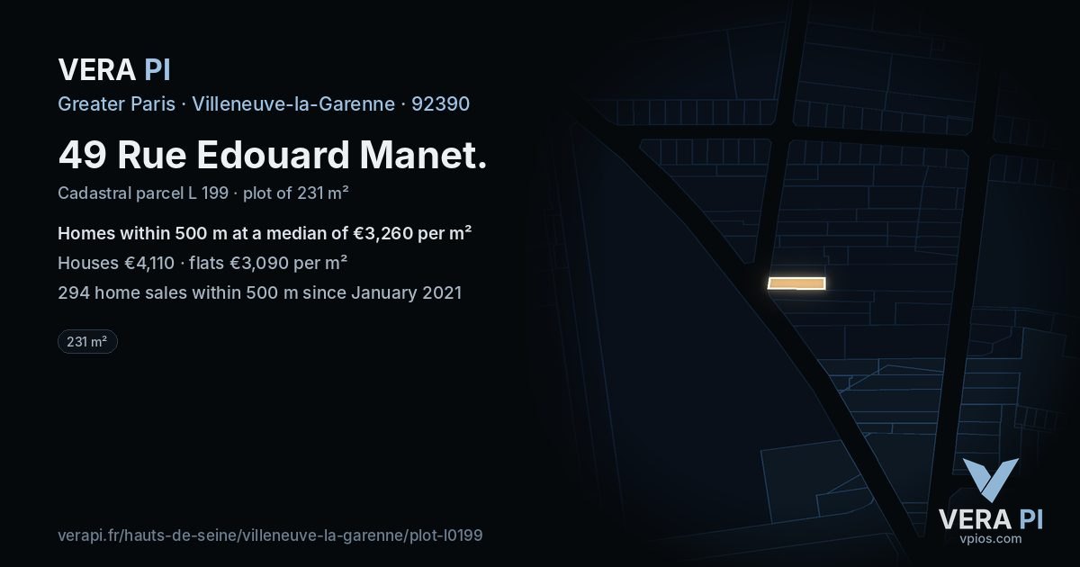 49 Rue Edouard Manet, Villeneuve-la-Garenne at night – the plot lit, the parcels around coloured by the prices near them