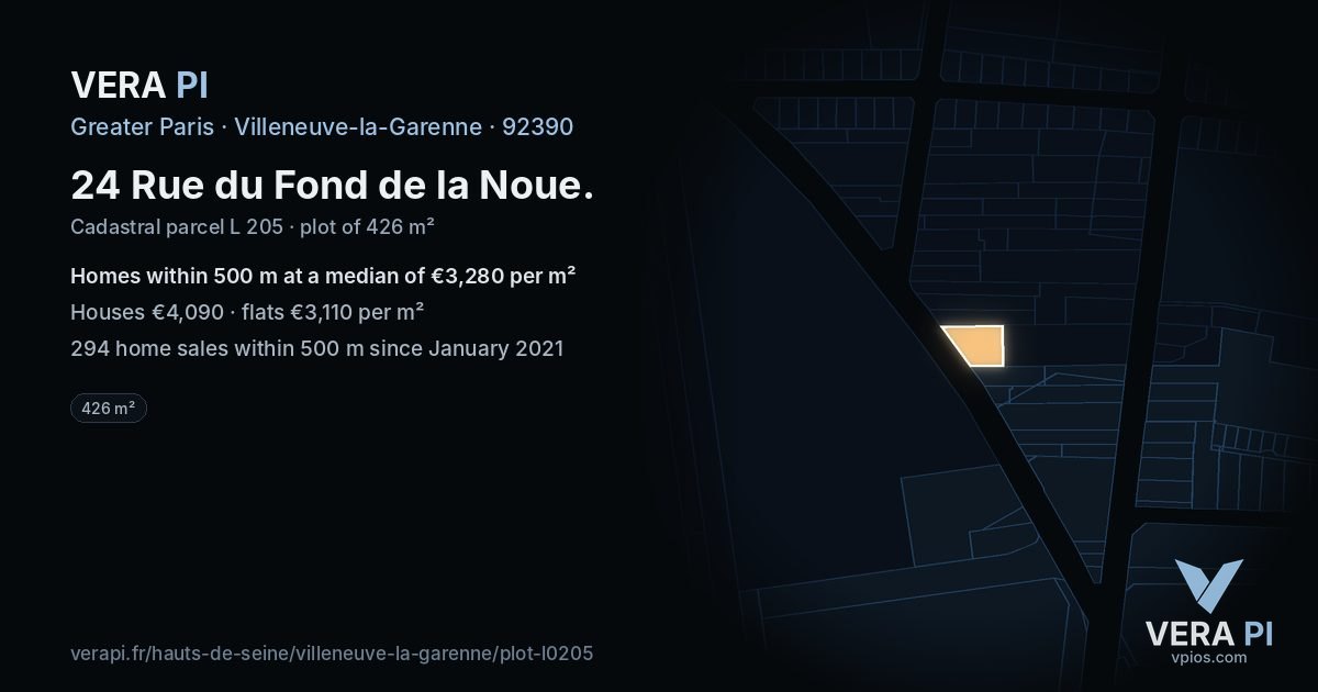 24 Rue du Fond de la Noue, Villeneuve-la-Garenne at night – the plot lit, the parcels around coloured by the prices near them