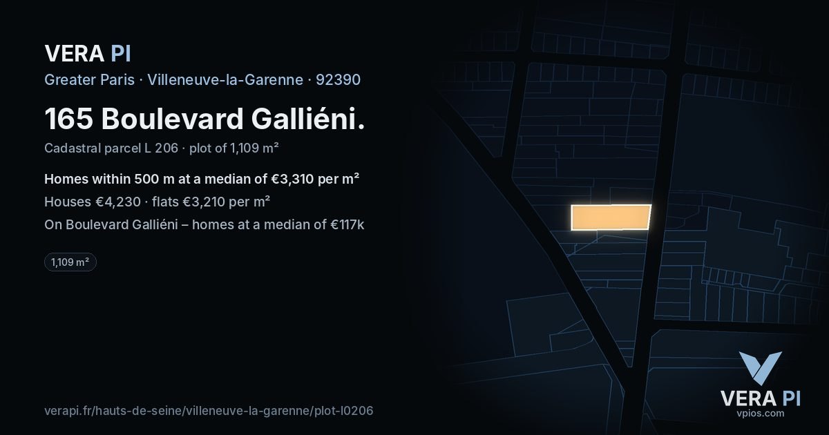 165 Boulevard Galliéni, Villeneuve-la-Garenne at night – the plot lit, the parcels around coloured by the prices near them