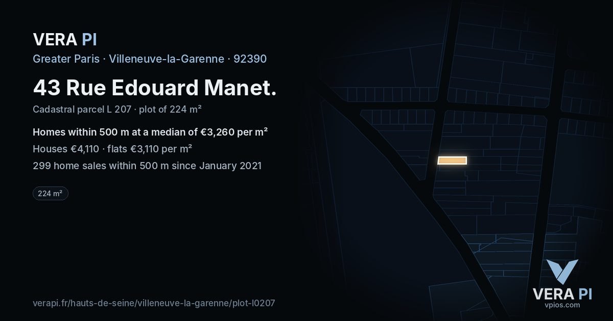 43 Rue Edouard Manet, Villeneuve-la-Garenne at night – the plot lit, the parcels around coloured by the prices near them