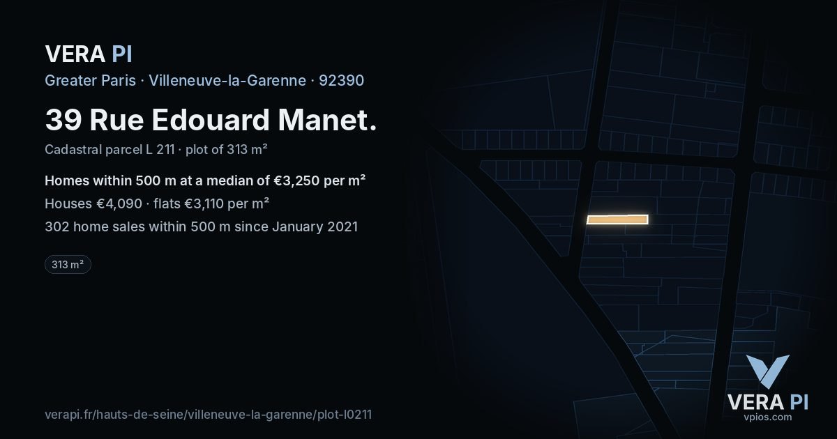 39 Rue Edouard Manet, Villeneuve-la-Garenne at night – the plot lit, the parcels around coloured by the prices near them
