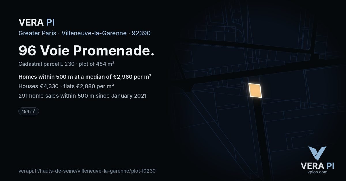 96 Voie Promenade, Villeneuve-la-Garenne at night – the plot lit, the parcels around coloured by the prices near them