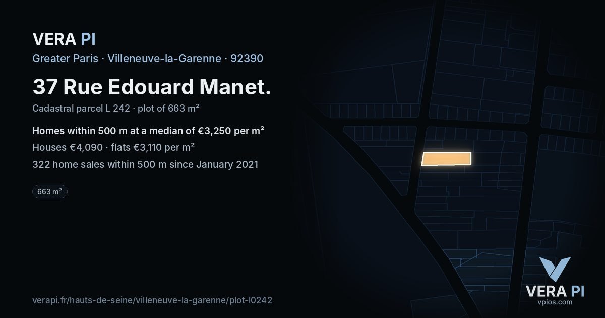 37 Rue Edouard Manet, Villeneuve-la-Garenne at night – the plot lit, the parcels around coloured by the prices near them