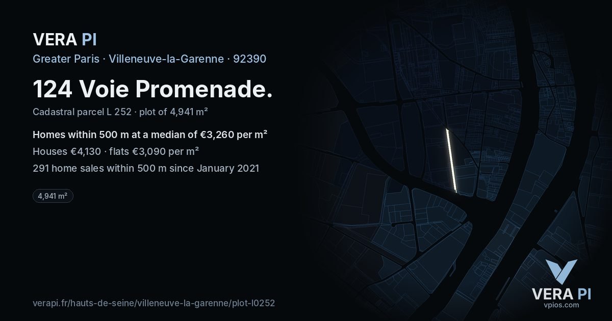 124 Voie Promenade, Villeneuve-la-Garenne at night – the plot lit, the parcels around coloured by the prices near them