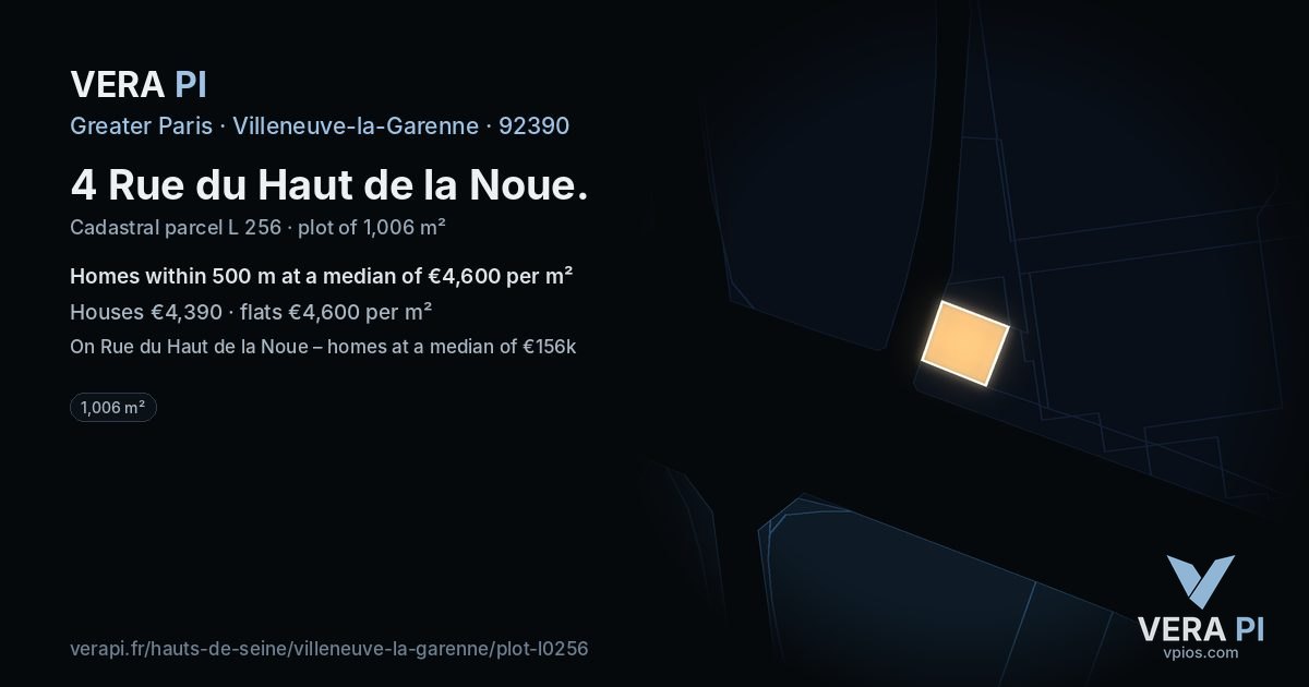 4 Rue du Haut de la Noue, Villeneuve-la-Garenne at night – the plot lit, the parcels around coloured by the prices near them