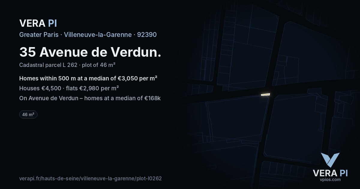 35 Avenue de Verdun, Villeneuve-la-Garenne at night – the plot lit, the parcels around coloured by the prices near them