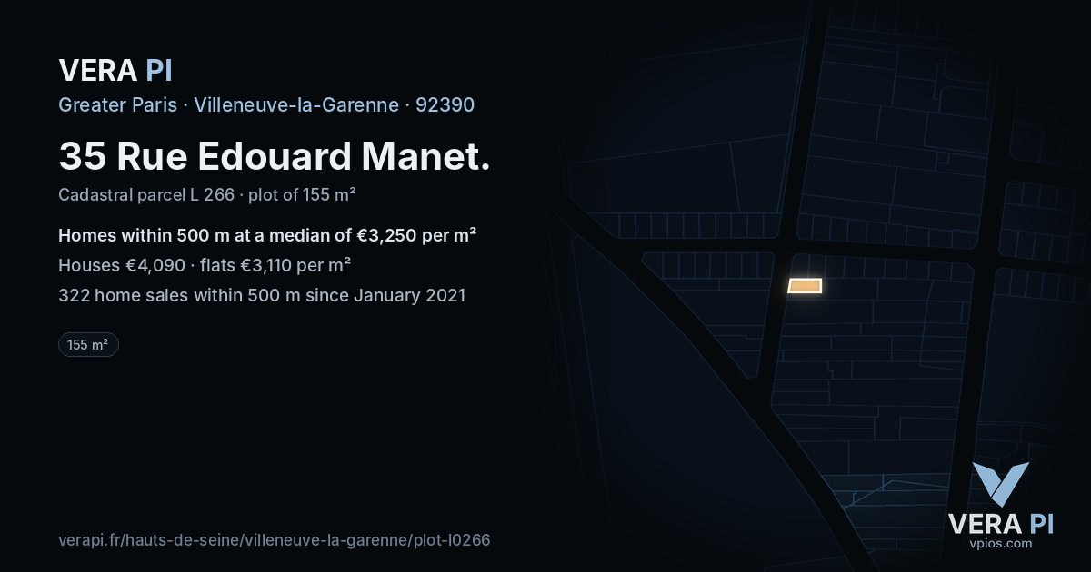35 Rue Edouard Manet, Villeneuve-la-Garenne at night – the plot lit, the parcels around coloured by the prices near them