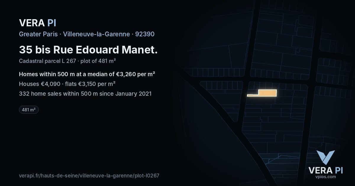 35 bis Rue Edouard Manet, Villeneuve-la-Garenne at night – the plot lit, the parcels around coloured by the prices near them