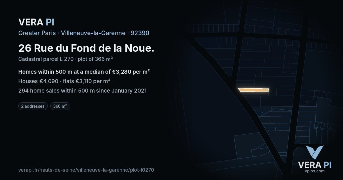 26 Rue du Fond de la Noue, Villeneuve-la-Garenne at night – the plot lit, the parcels around coloured by the prices near them