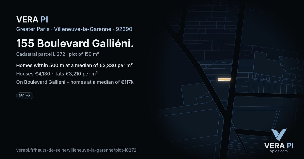155 Boulevard Galliéni, Villeneuve-la-Garenne at night – the plot lit, the parcels around coloured by the prices near them