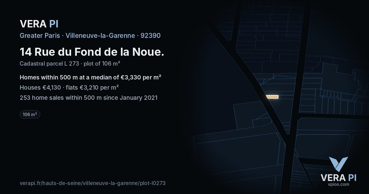 14 Rue du Fond de la Noue, Villeneuve-la-Garenne at night – the plot lit, the parcels around coloured by the prices near them