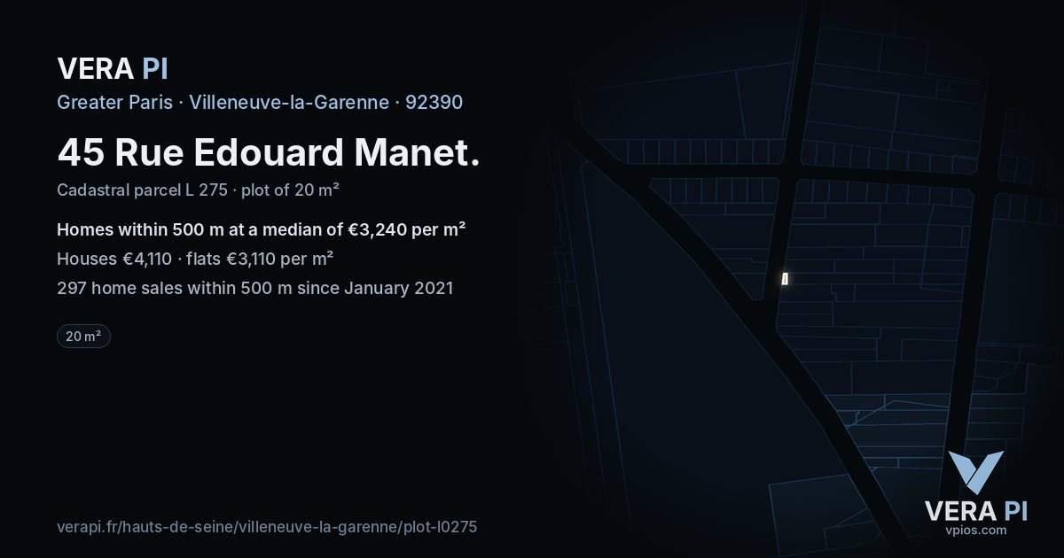 45 Rue Edouard Manet, Villeneuve-la-Garenne at night – the plot lit, the parcels around coloured by the prices near them