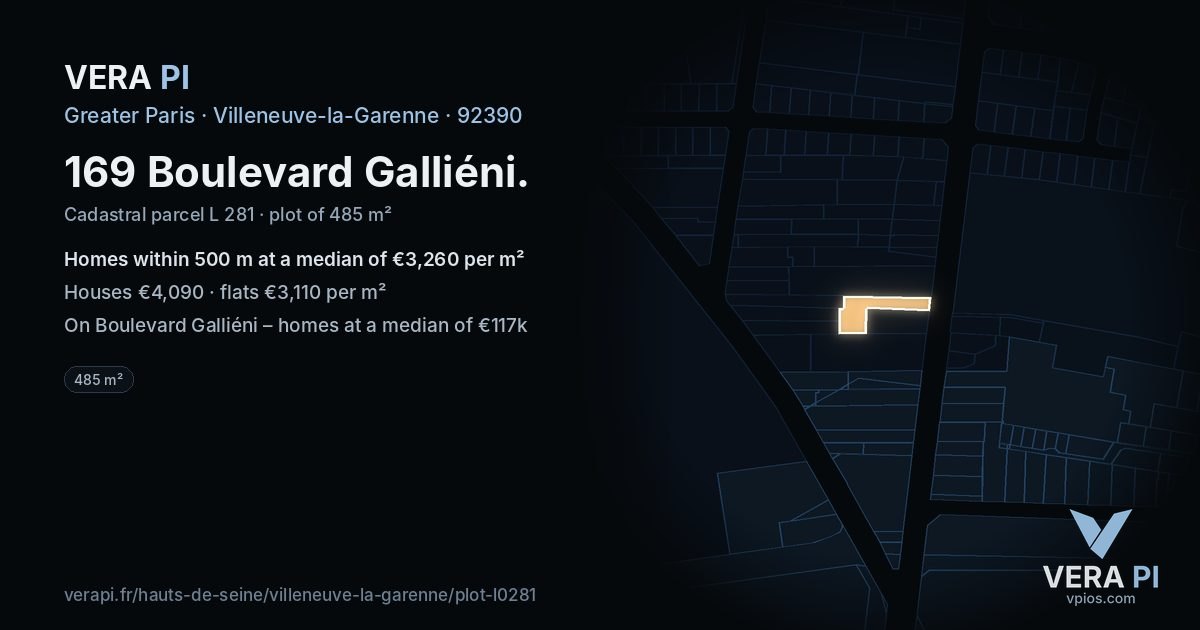 169 Boulevard Galliéni, Villeneuve-la-Garenne at night – the plot lit, the parcels around coloured by the prices near them