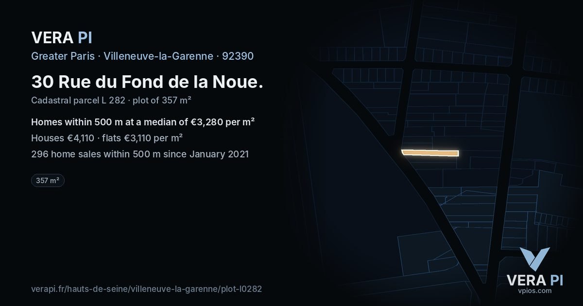 30 Rue du Fond de la Noue, Villeneuve-la-Garenne at night – the plot lit, the parcels around coloured by the prices near them