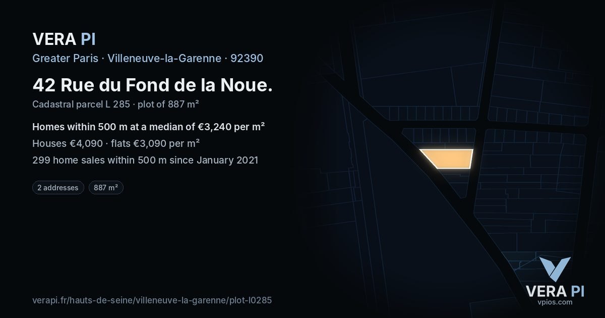 42 Rue du Fond de la Noue, Villeneuve-la-Garenne at night – the plot lit, the parcels around coloured by the prices near them