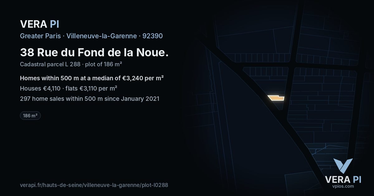 38 Rue du Fond de la Noue, Villeneuve-la-Garenne at night – the plot lit, the parcels around coloured by the prices near them