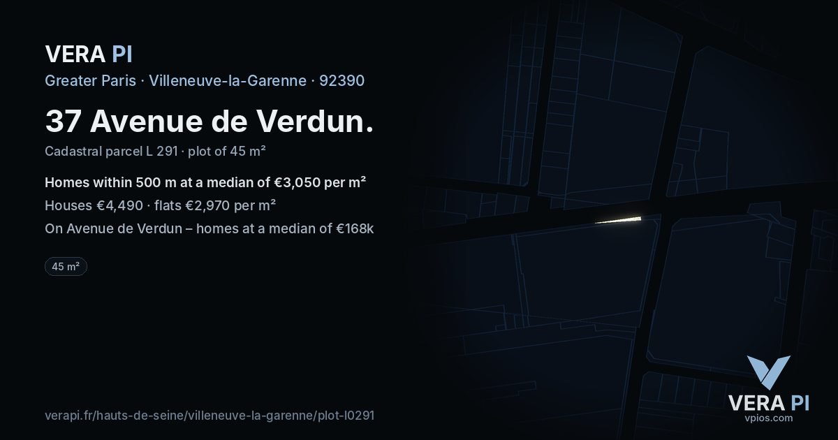 37 Avenue de Verdun, Villeneuve-la-Garenne at night – the plot lit, the parcels around coloured by the prices near them