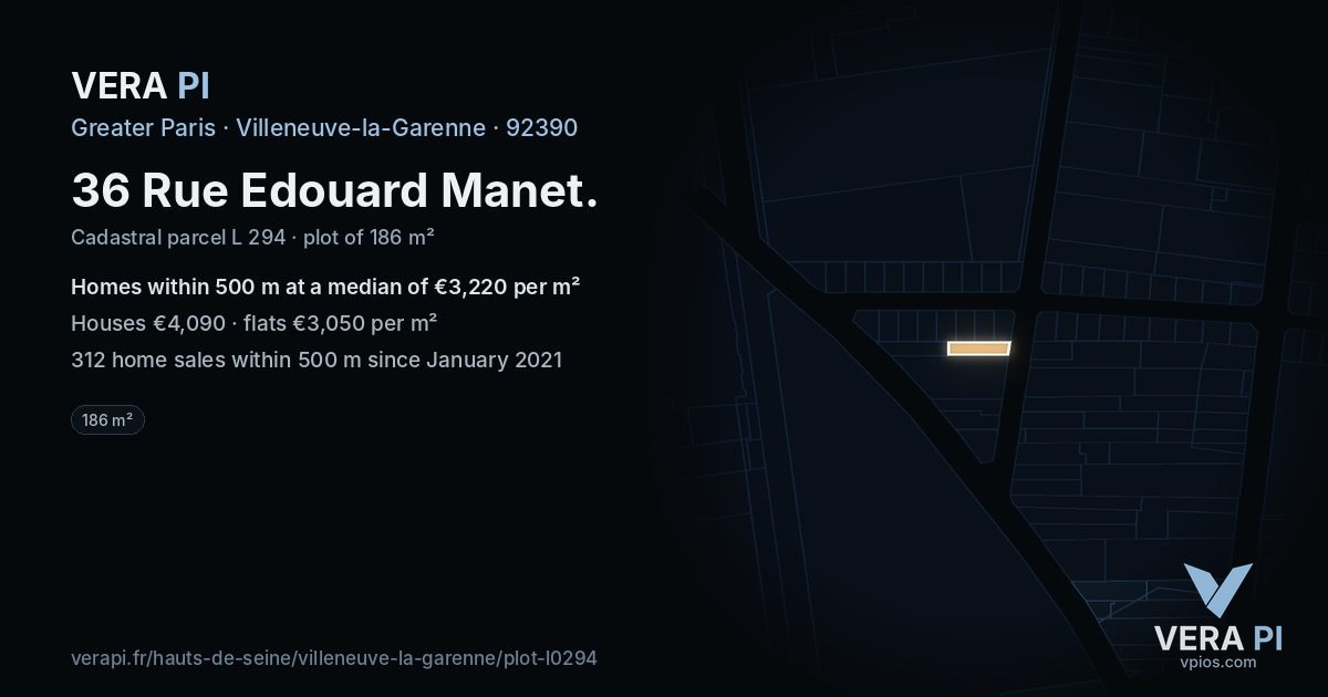 36 Rue Edouard Manet, Villeneuve-la-Garenne at night – the plot lit, the parcels around coloured by the prices near them