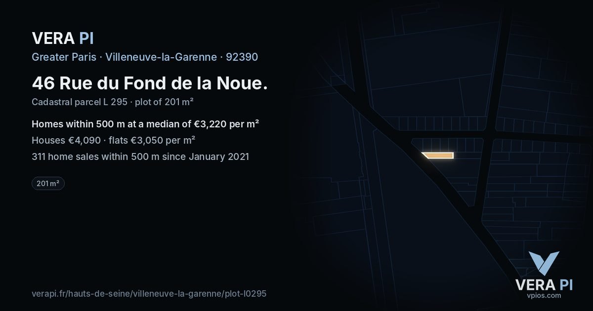 46 Rue du Fond de la Noue, Villeneuve-la-Garenne at night – the plot lit, the parcels around coloured by the prices near them