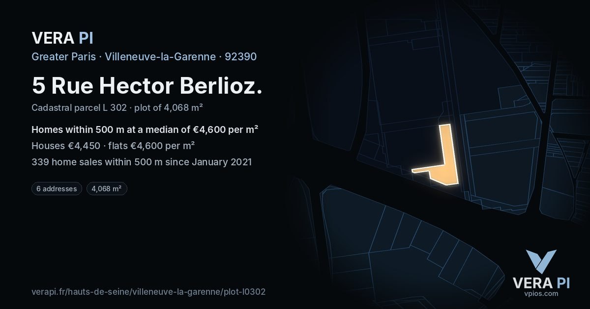 5 Rue Hector Berlioz, Villeneuve-la-Garenne at night – the plot lit, the parcels around coloured by the prices near them