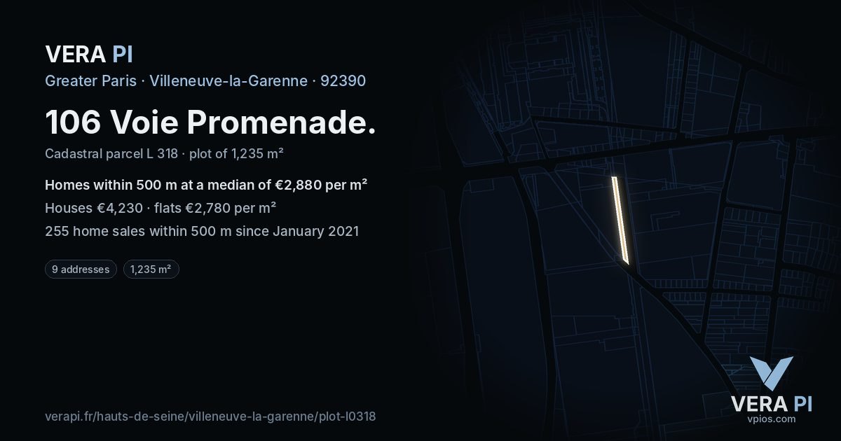 106 Voie Promenade, Villeneuve-la-Garenne at night – the plot lit, the parcels around coloured by the prices near them