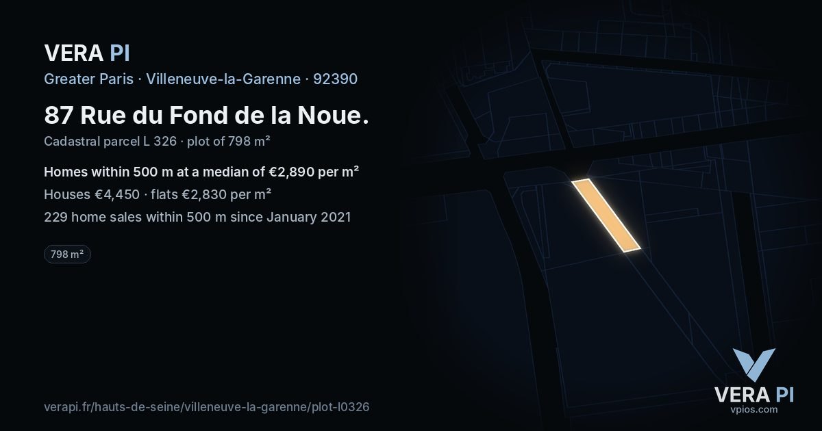 87 Rue du Fond de la Noue, Villeneuve-la-Garenne at night – the plot lit, the parcels around coloured by the prices near them