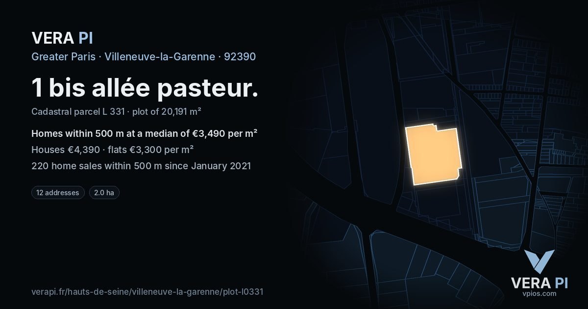 1 bis allée pasteur, Villeneuve-la-Garenne at night – the plot lit, the parcels around coloured by the prices near them