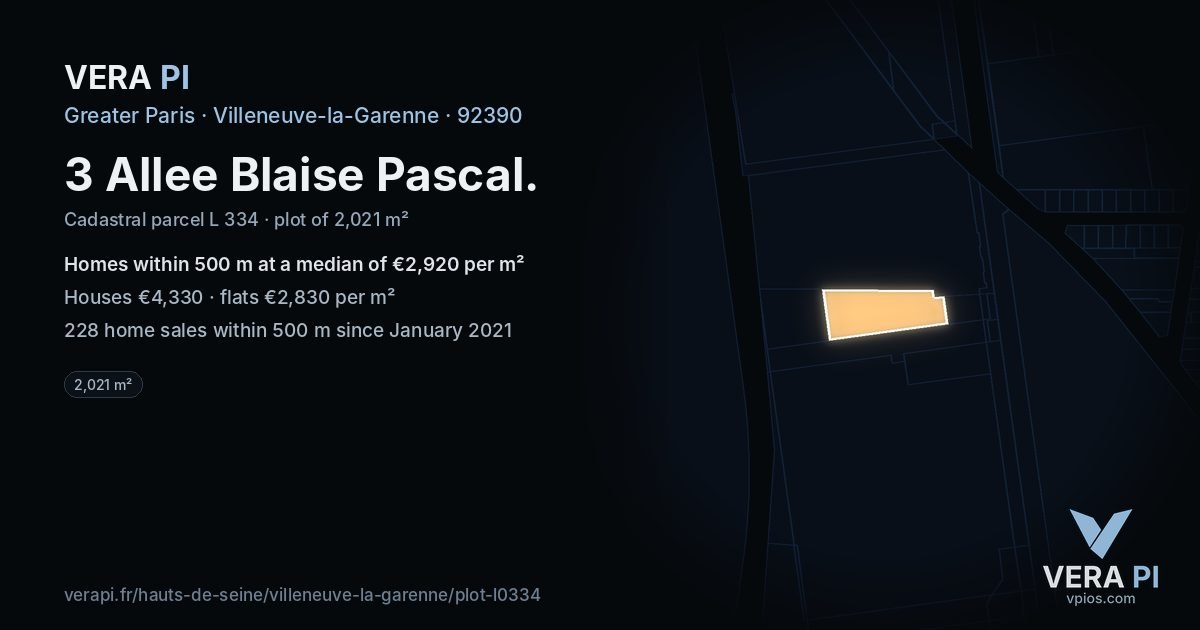 3 Allee Blaise Pascal, Villeneuve-la-Garenne at night – the plot lit, the parcels around coloured by the prices near them