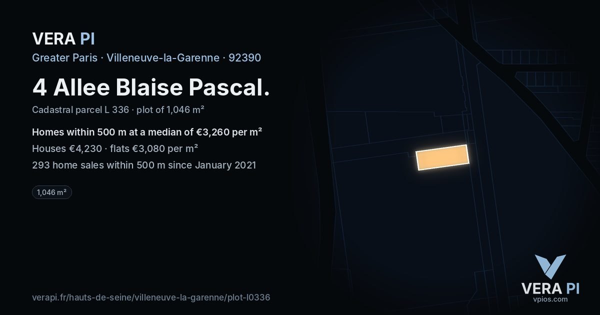 4 Allee Blaise Pascal, Villeneuve-la-Garenne at night – the plot lit, the parcels around coloured by the prices near them