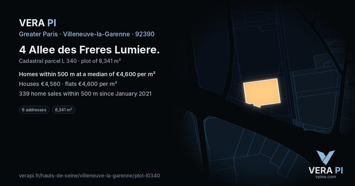 4 Allee des Freres Lumiere, Villeneuve-la-Garenne at night – the plot lit, the parcels around coloured by the prices near them