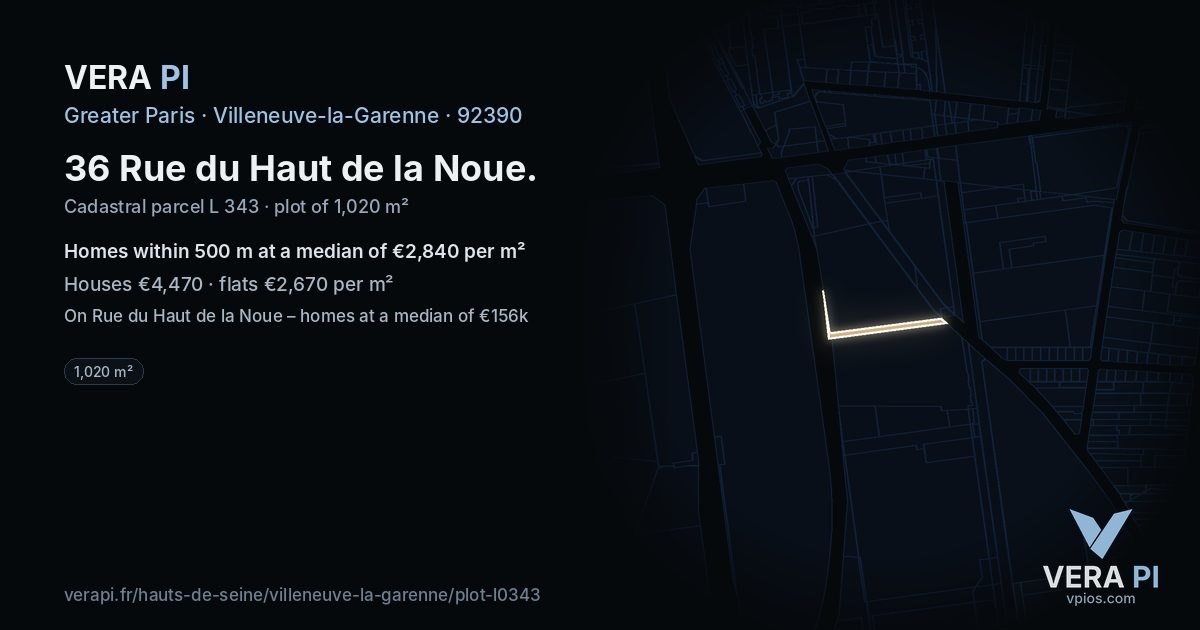 36 Rue du Haut de la Noue, Villeneuve-la-Garenne at night – the plot lit, the parcels around coloured by the prices near them