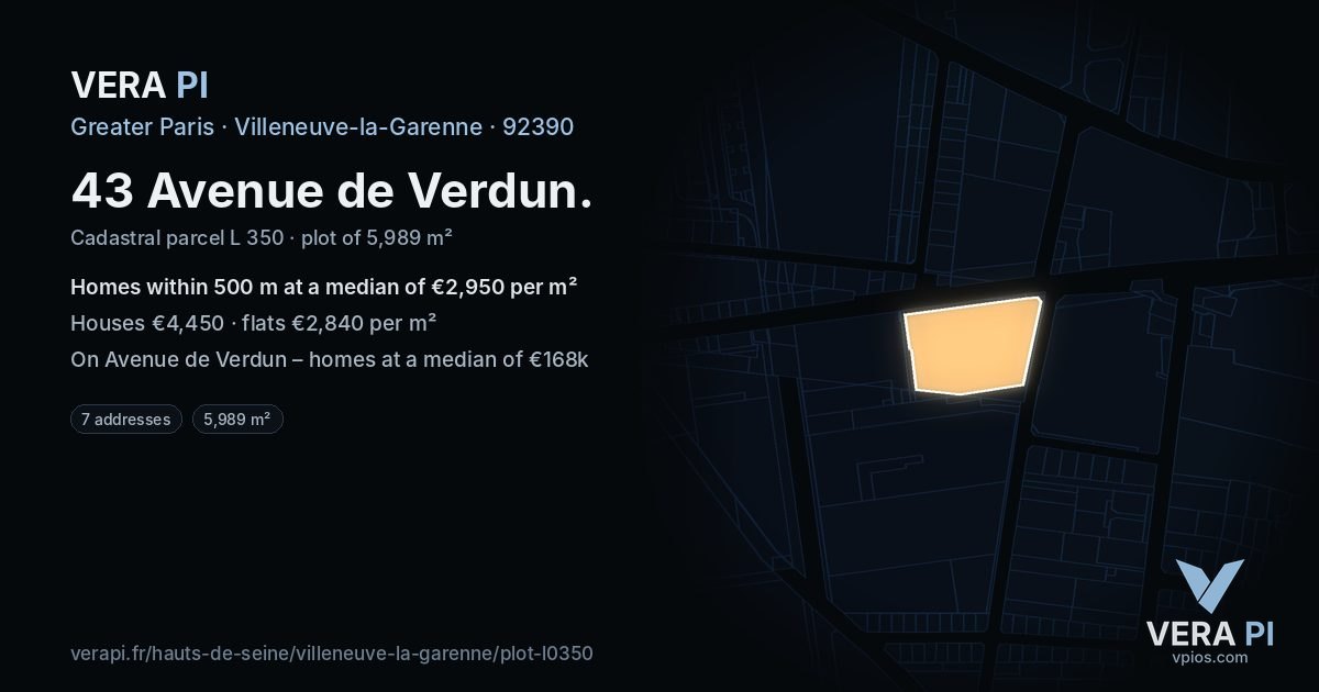 43 Avenue de Verdun, Villeneuve-la-Garenne at night – the plot lit, the parcels around coloured by the prices near them