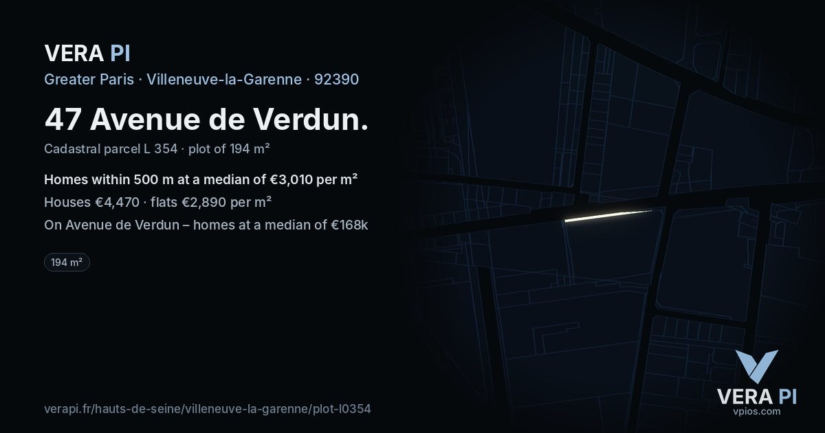 47 Avenue de Verdun, Villeneuve-la-Garenne at night – the plot lit, the parcels around coloured by the prices near them